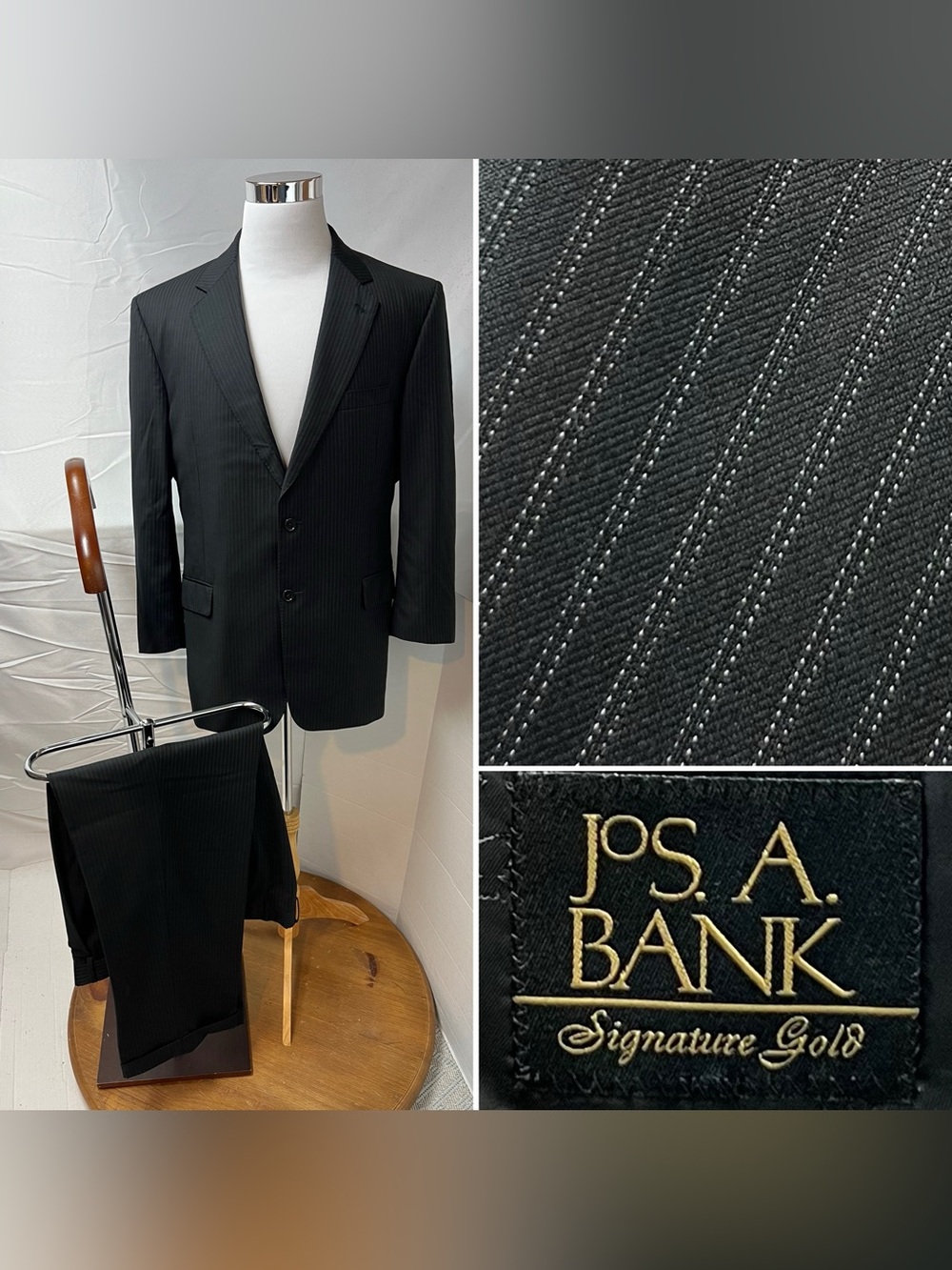 Jos. A. Bank Men's 44R Blazer 39x31 Pants Black Pinstripe Wool Gordon Suit